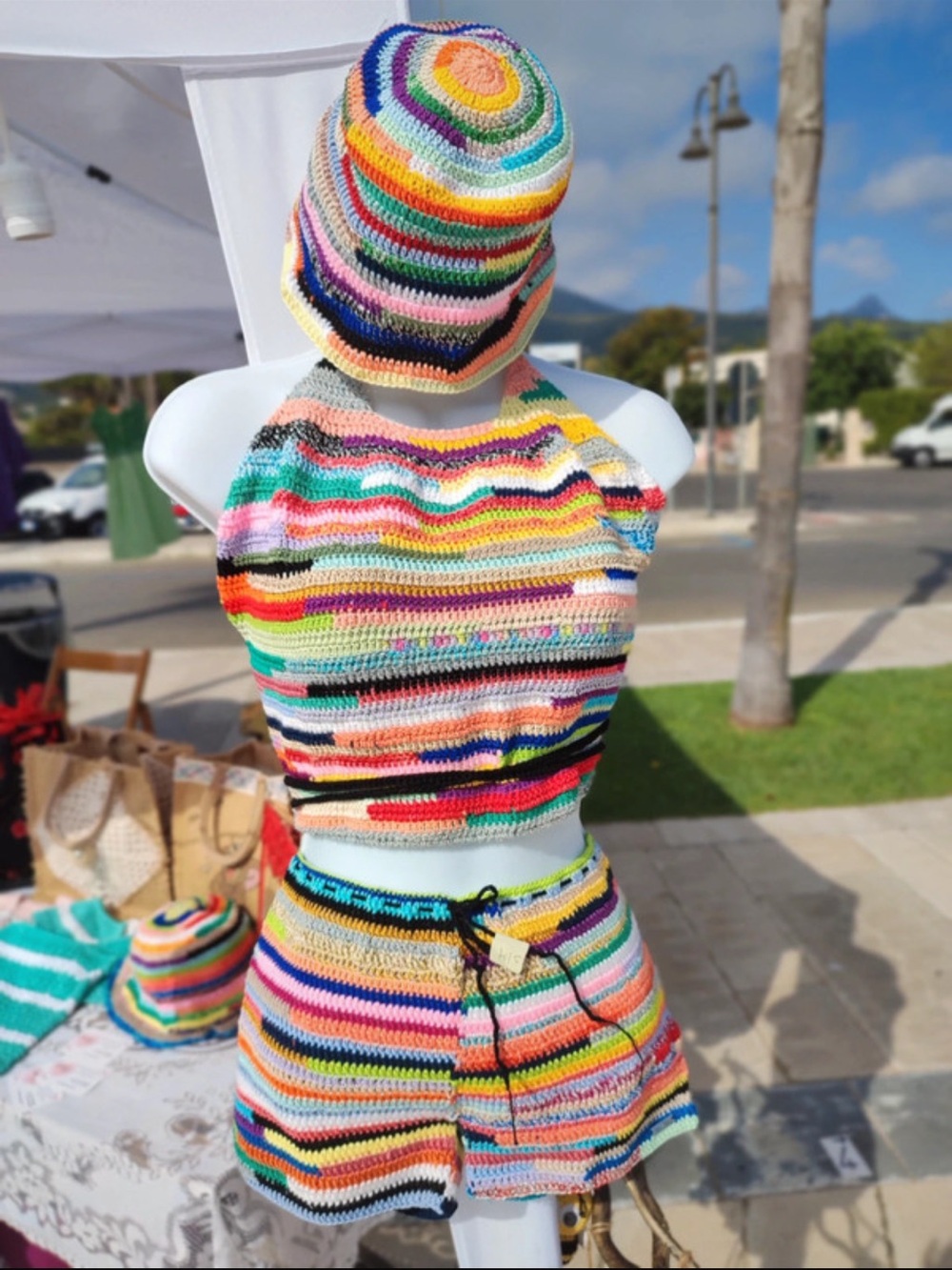 Handmade Multicolor Crochet Tank Top, Shorts & Hat Set - size XS - New